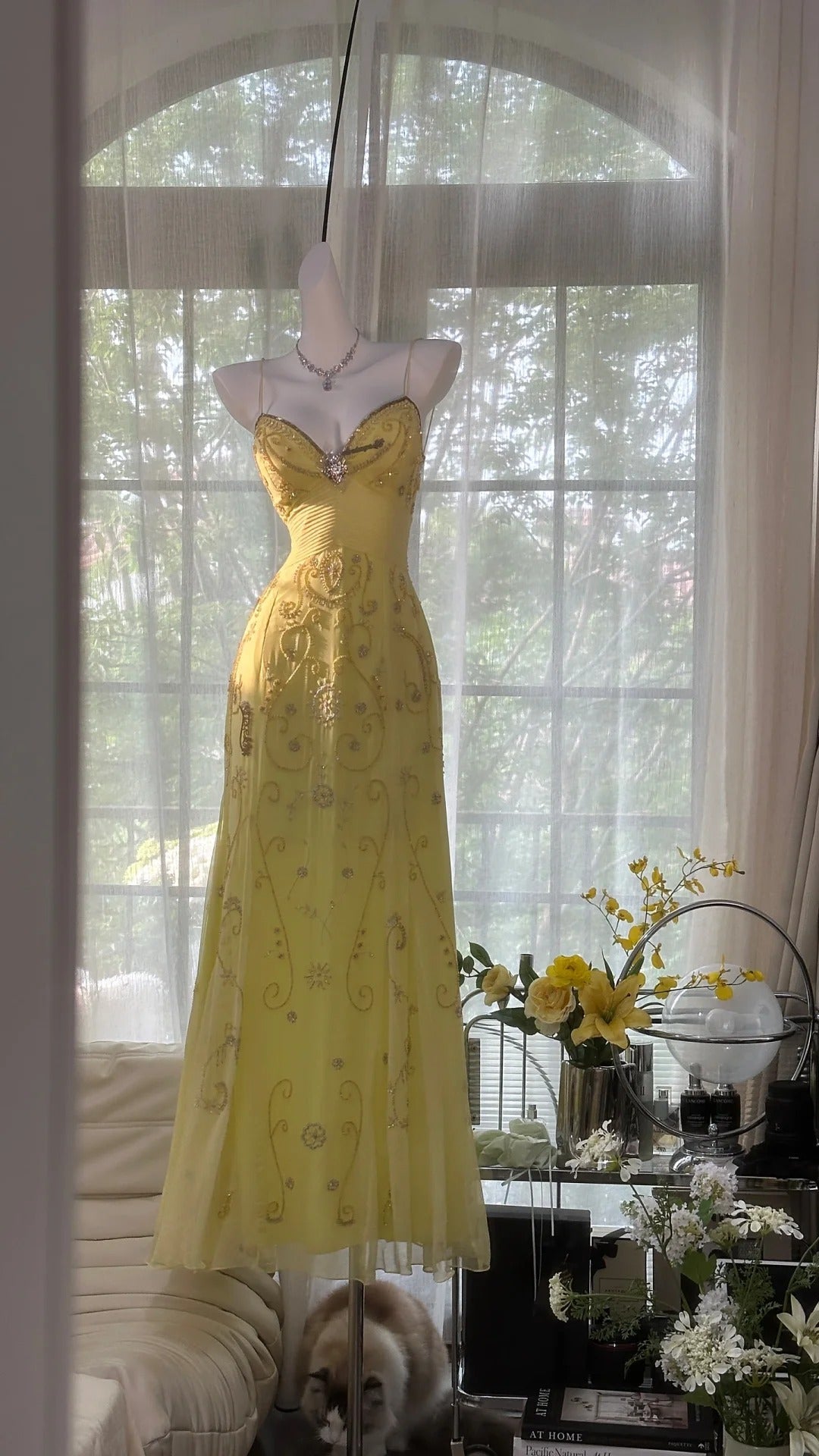 Yellow Beaded Evening Dress Unique Long Prom Dress