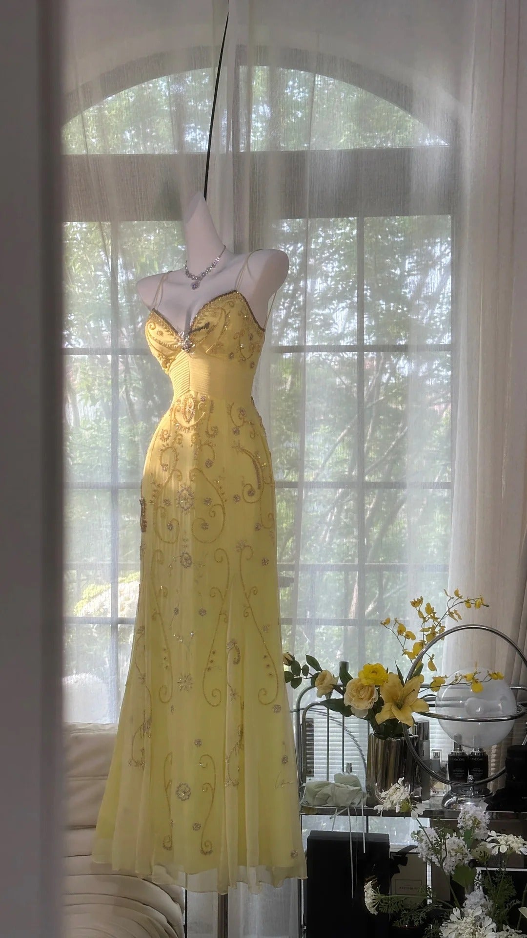Yellow Beaded Evening Dress Unique Long Prom Dress