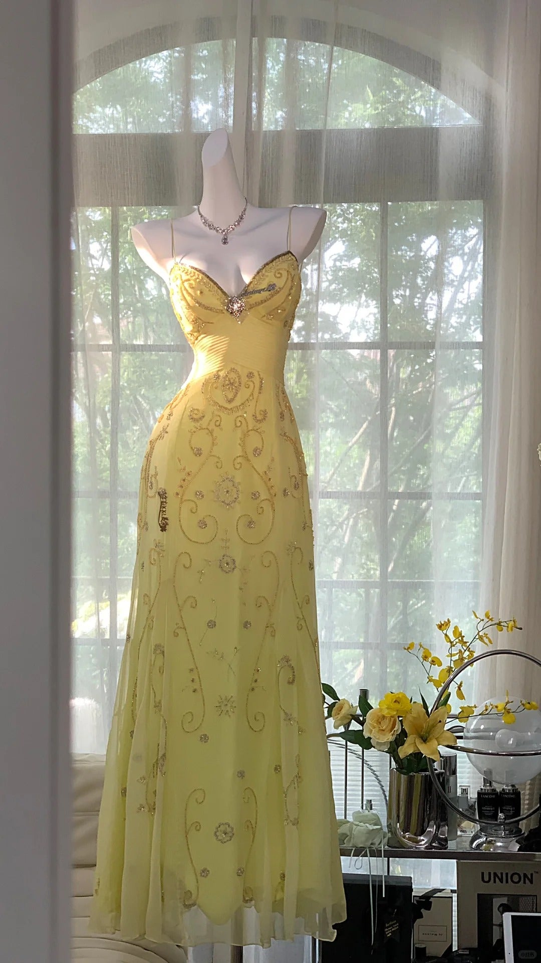 Yellow Beaded Evening Dress Unique Long Prom Dress