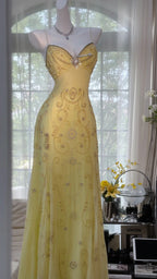 Yellow Beaded Evening Dress Unique Long Prom Dress