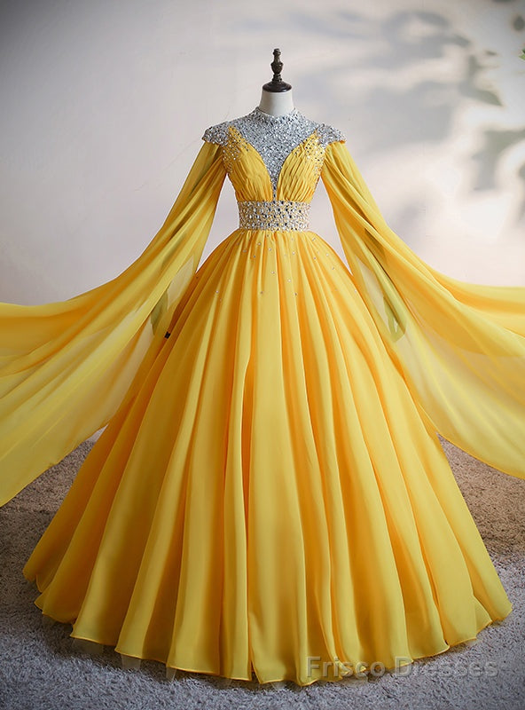 Yellow Chiffon Cap Sleeve Pleats Beading Crystal Quinceanera Dress Main image