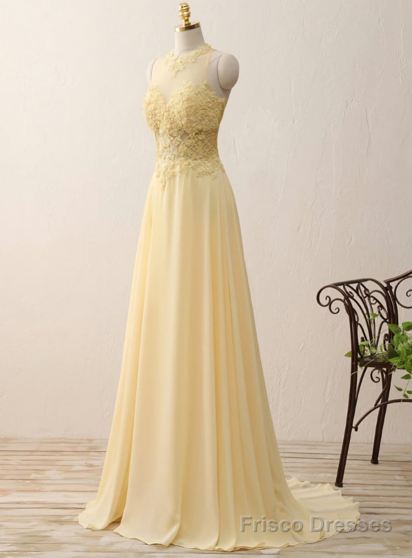 Yellow Chiffon Lace Appliques A Line Long Evening Dresses Zipper-Up Main image
