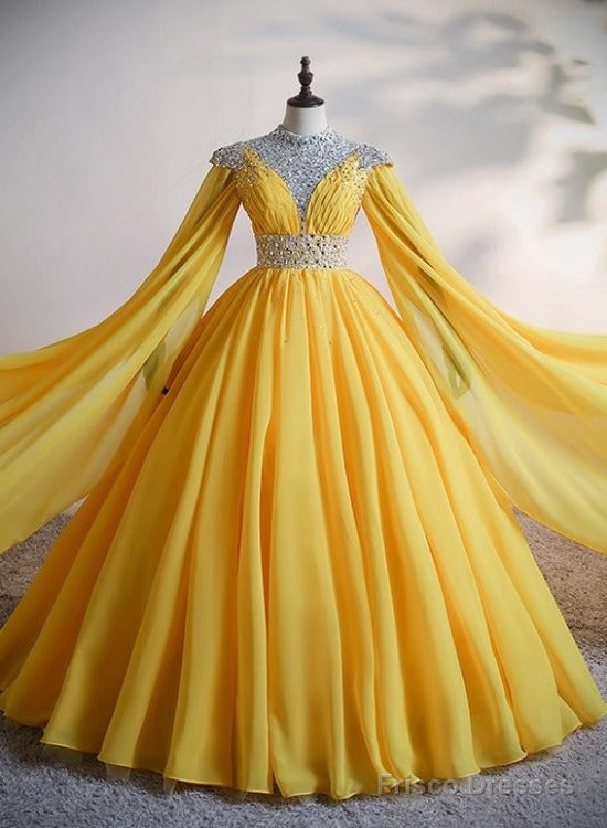 Yellow Chiffon Long Beaded Ball Gown Formal Dress, Yellow Formal Dress, Prom Dress Main image