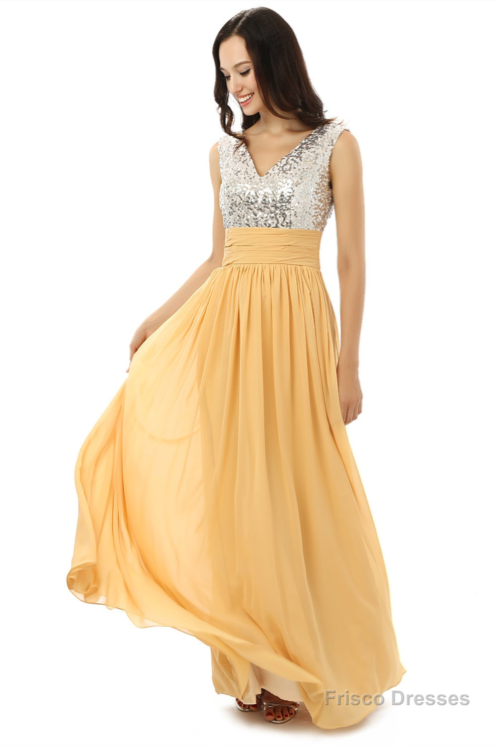 Yellow Chiffon Silver Sequins V-neck Backless Bridesmaid Dresses