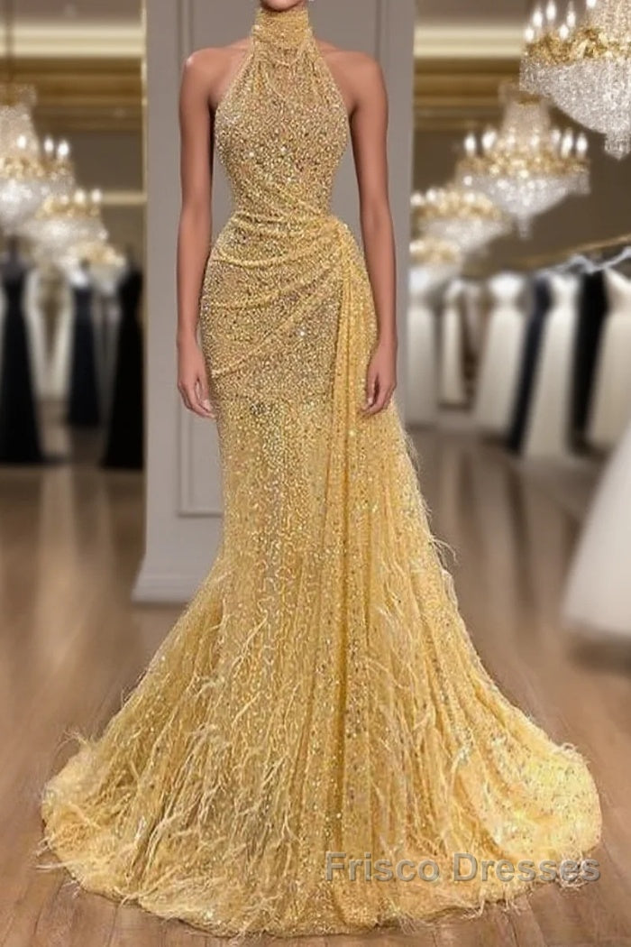 Yellow Evening Dress Long High Neck Sparkly Feather Luxury Bling Evening Gown Formal Prom Dress Main image