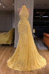 Yellow Evening Dresses Long High Neck Sparkly Feather Luxury Bling Evening Gown Formal Prom Dress