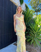 Yellow Fashion Elegant Layered Tulle Long Ball Gown Backless Mermaid Slim Fit Evening Gown Party Dress