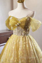 Yellow Floral Tulle Knee Length Formal Prom Dress, Lovely A-Line Evening Party Dress
