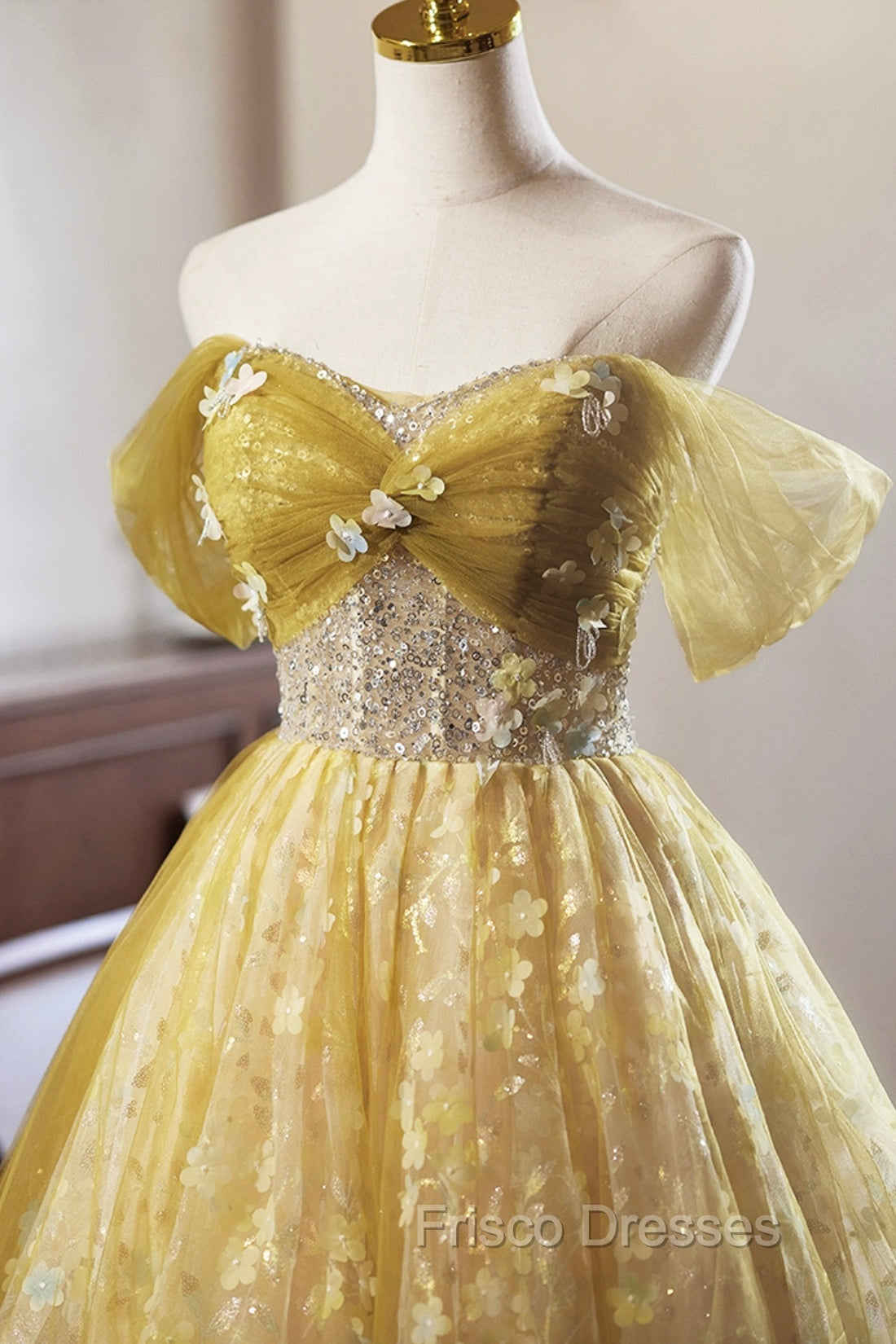 Yellow Floral Tulle Knee Length Formal Prom Dress, Lovely A-Line Evening Party Dress