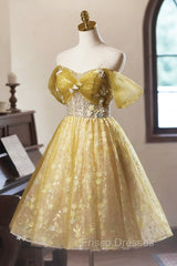 Yellow Floral Tulle Knee Length Formal Prom Dress, Lovely A-Line Evening Party Dress