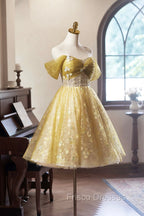 Yellow Floral Tulle Knee Length Formal Prom Dress, Lovely A-Line Evening Party Dress