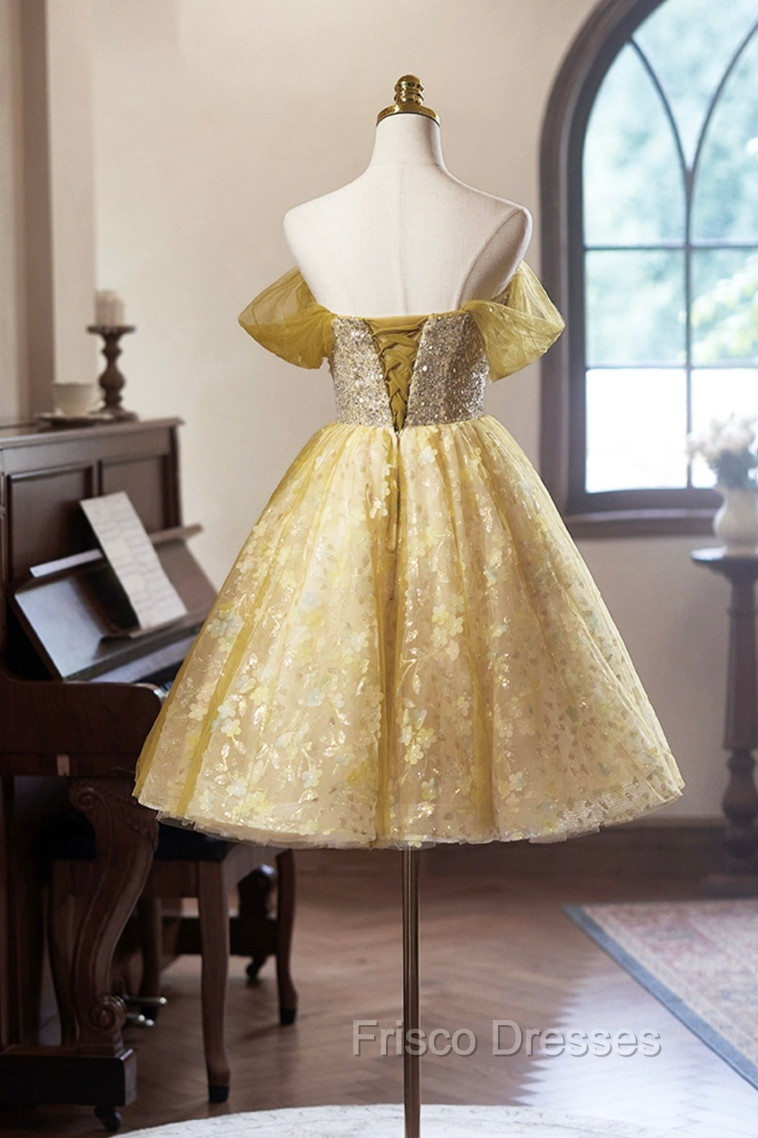 Yellow Floral Tulle Knee Length Formal Prom Dress, Lovely A-Line Evening Party Dress