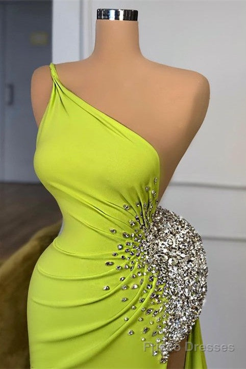 Yellow Green One Shoulder Mermaid Prom Dress Long Split With Beads Secondary image