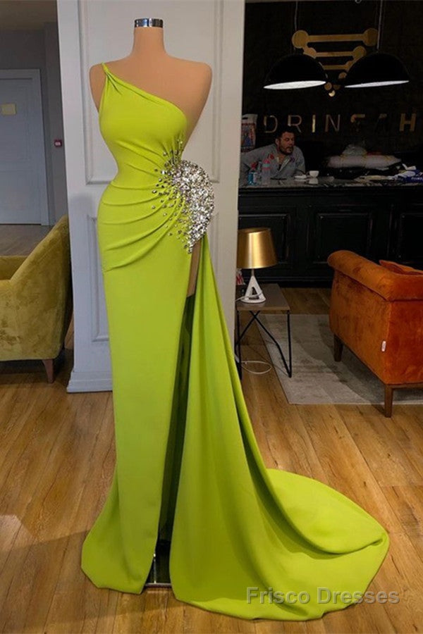 Yellow Green One Shoulder Mermaid Prom Dress Long Split With Beads Main image