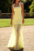 Yellow Halter Sheath Ruched Tie Back Long Bridesmaid Dress