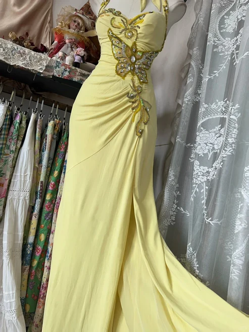 Yellow Halter Sweetheart Mermaid Vintage Long Party Dress Evening Dress