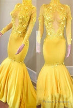 Yellow High Neck Flower Appliques Mermaid Long Sleevess Prom Dresses