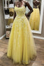 Yellow Lace Backless A Line Long Formal Prom Dresses Open Back Formal Dresses Yellow Evening Dresses