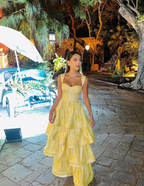 Yellow Layered Satin Long A Line Prom Dress