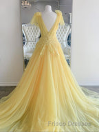 Yellow Long A-line V Neck Lace Tulle Backless Formal Prom Graduation Formal Prom Dress