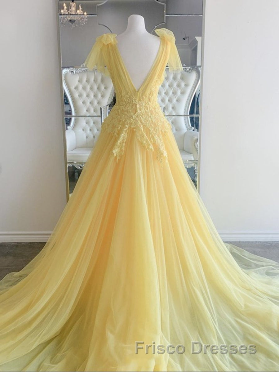 Yellow Long A-line V Neck Lace Tulle Backless Formal Prom Graduation Formal Prom Dress