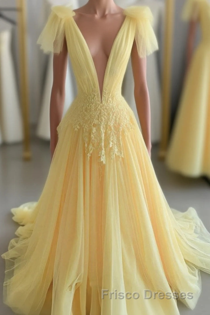Yellow Long A-line V Neck Lace Tulle Backless Formal Prom Graduation Formal Prom Dress Main image