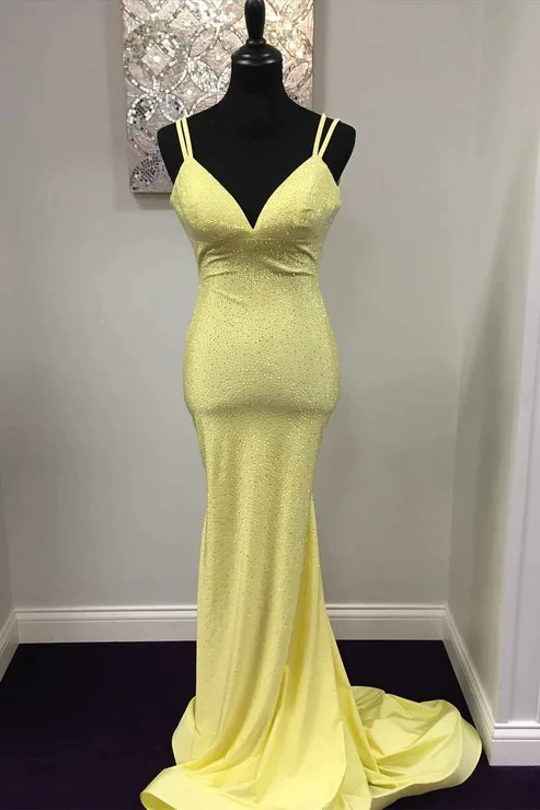 Yellow Mermaid Long Prom Dresses Shiny Evening Formal Dresses