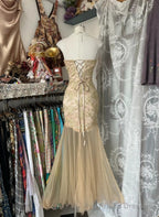 Yellow Mermaid Strapless Sweetheart Tulle Beaded Applique Long Prom Dress