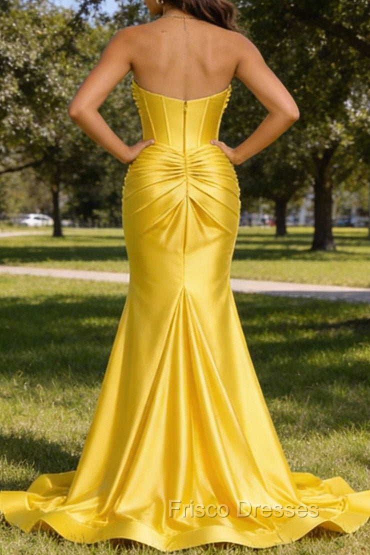 Yellow Mermaid Sweetheart Corset Long Prom Dress with Slit