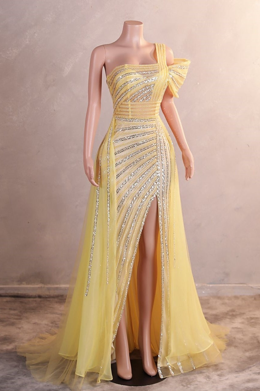 Yellow Off Shoulder Mermaid Prom Dresses Luxurious Silver Bead Trumpet Formal Dresses Main image