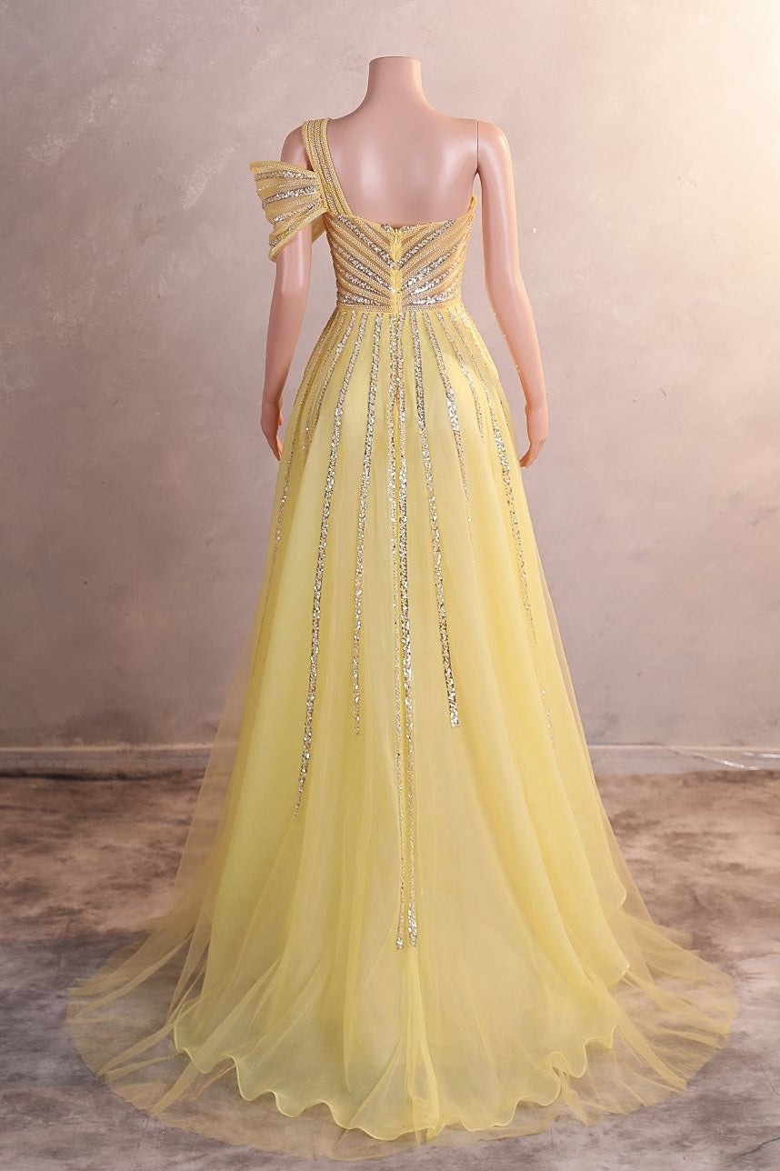 Yellow Off Shoulder Mermaid Prom Dresses Luxurious Silver Bead Trumpet Formal Dresses Secondary image