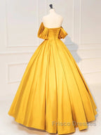 Yellow Off Shoulder Satin Long Formal Prom Dress Quinceanera Dress
