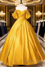 Yellow Off Shoulder Satin Long Formal Prom Dress Quinceanera Dress