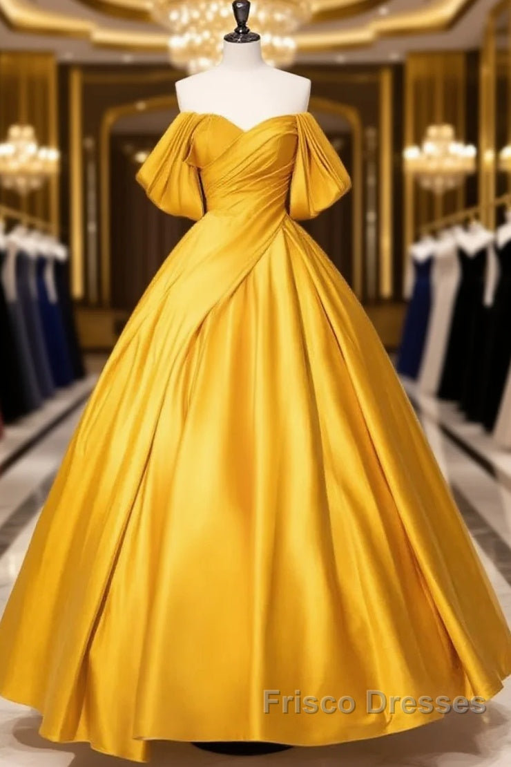 Yellow Off Shoulder Satin Long Formal Prom Dress Quinceanera Dress