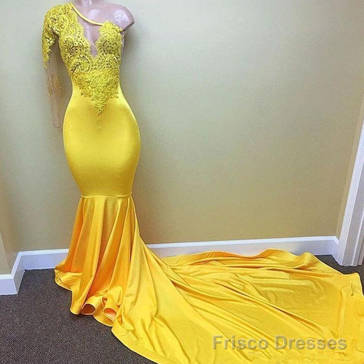 Yellow one shoulder mermaid prom dress, lace evening dresses Secondary image