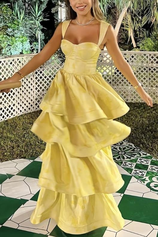 Yellow Printing A-Line Tiered Sleeveless Long Prom Formal Dress Secondary image