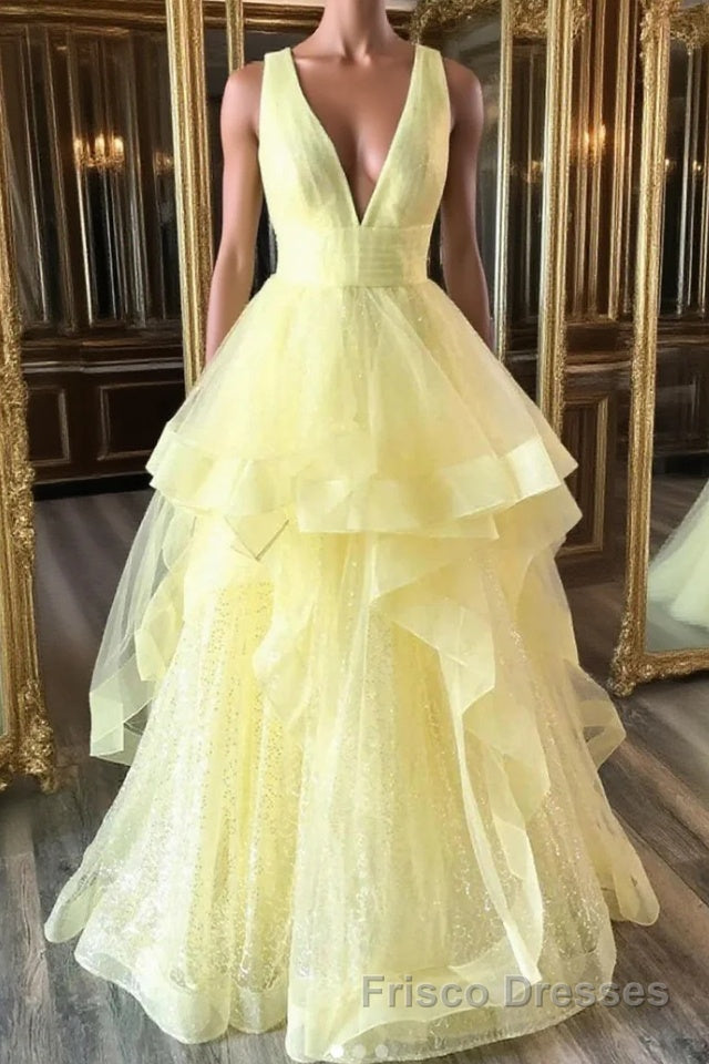 Yellow Formal Prom Dresses A Line Deep V Neck Light Long Party Evening Dresses with Ruffles Main image