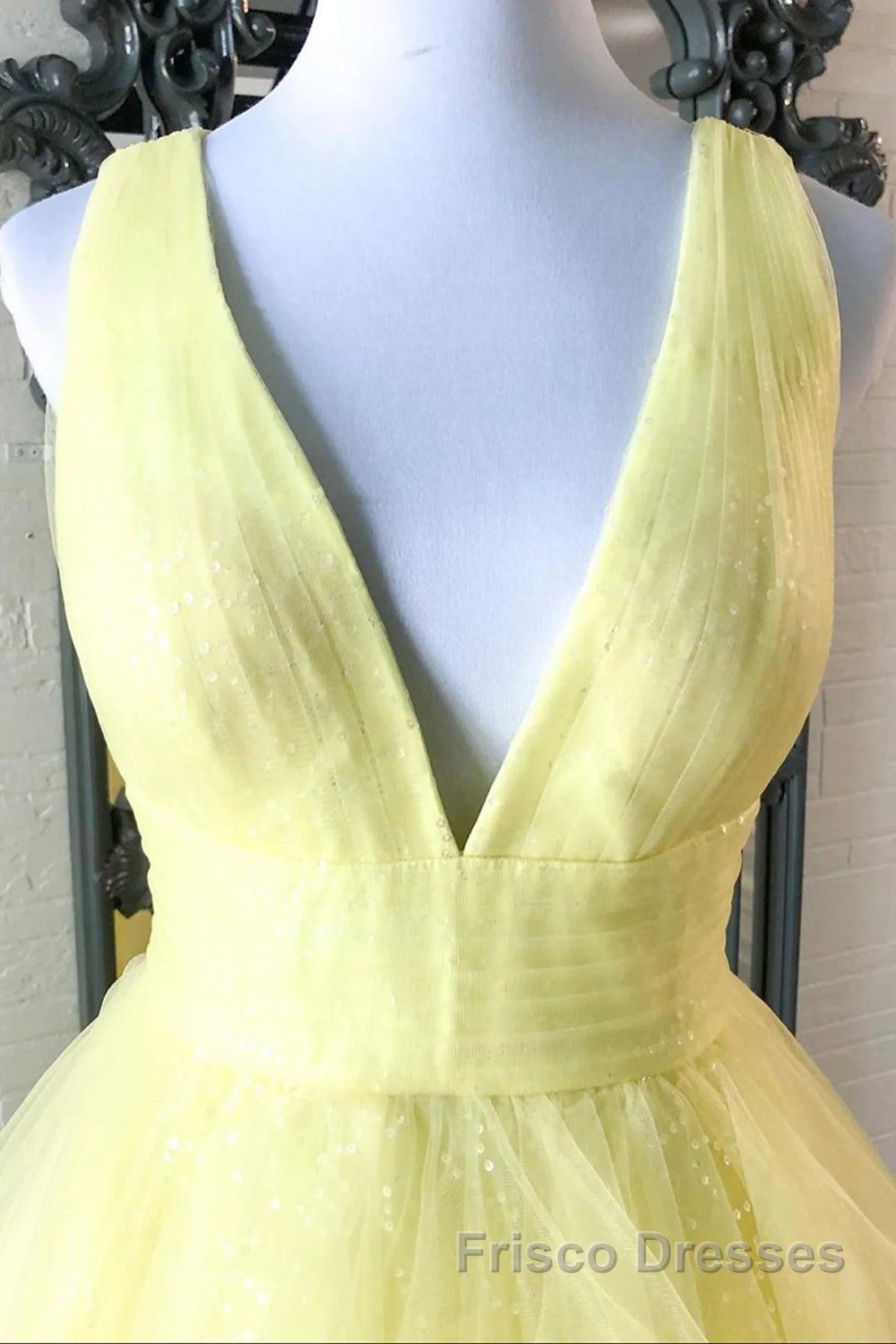 Yellow Formal Prom Dresses A Line Deep V Neck Light Long Party Evening Dresses with Ruffles Secondary image