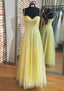 Yellow Formal Prom Dress, A-line Sweetheart Spaghetti Straps Long/Floor-Length Tulle Formal Prom Dress With Pleated Glitter