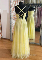 Yellow Formal Prom Dress, A-line Sweetheart Spaghetti Straps Long/Floor-Length Tulle Formal Prom Dress With Pleated Glitter