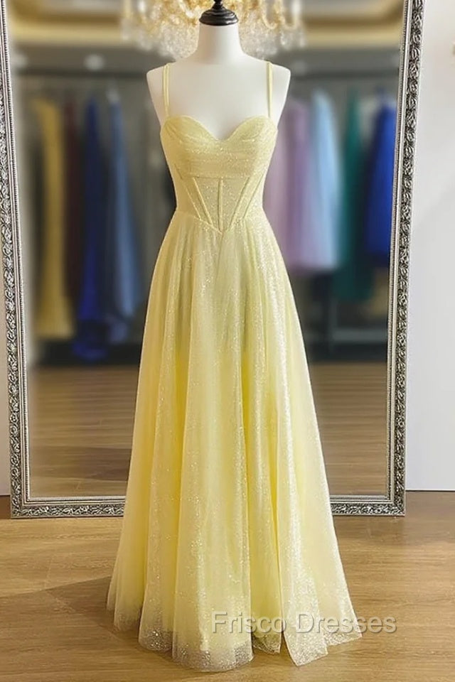Yellow Formal Prom Dress, A-line Sweetheart Spaghetti Straps Long/Floor-Length Tulle Formal Prom Dress With Pleated Glitter