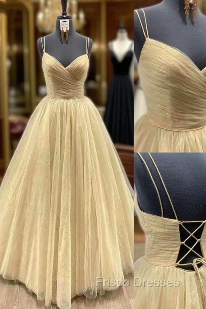 Yellow Formal Prom Dress, V Neck Sleeveless Long/Floor-Length Tulle Ball Gown With Pleated Sequins Main image