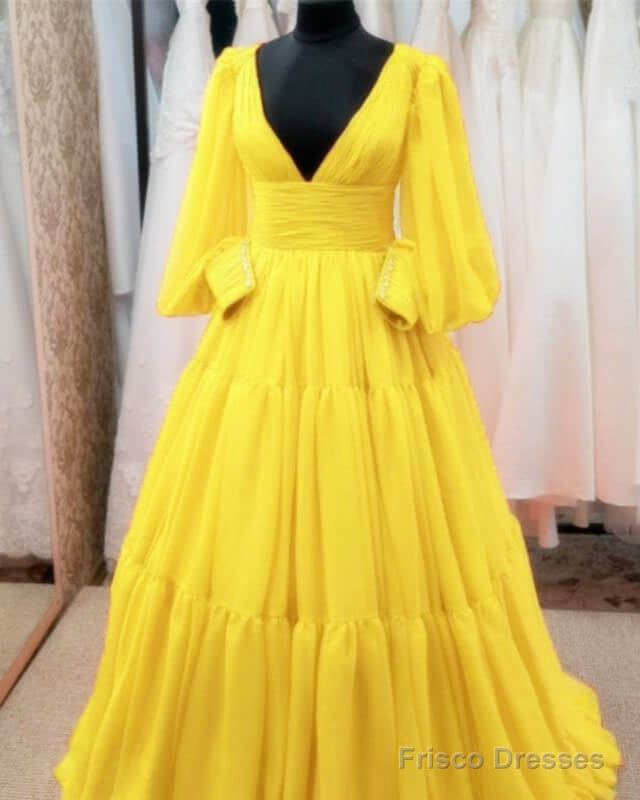Yellow Puffy Sleeves Ball Gown Tulle Prom Dresses Secondary image