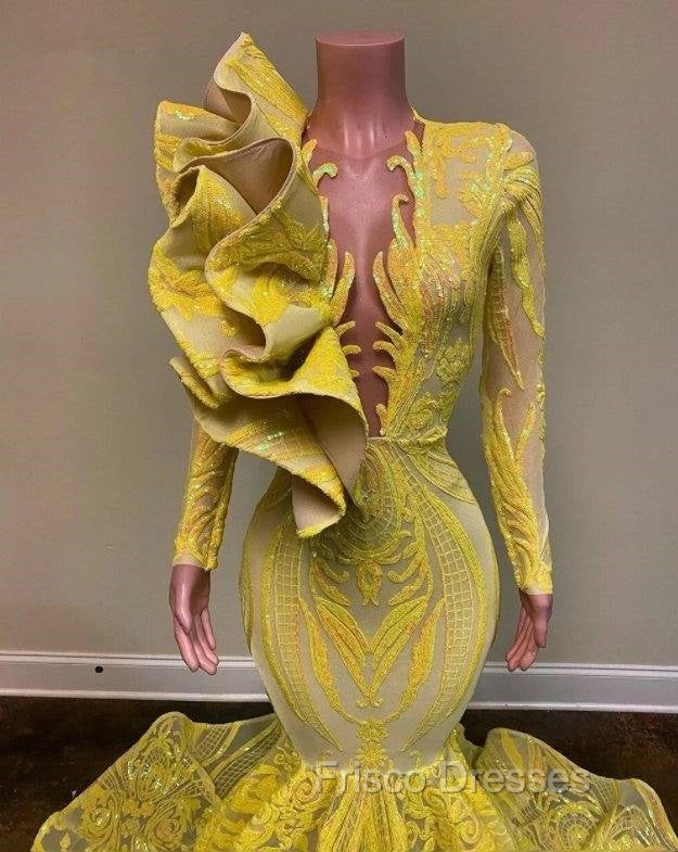 Yellow Robe De Soiree Mermaid Long Sleeves Appliques Sequins Long Formal Prom Dress Formal Prom Gown Evening Dress Secondary image