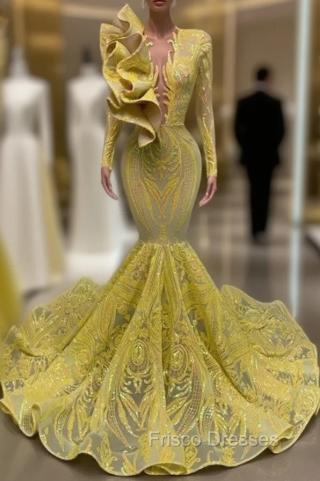 Yellow Robe De Soiree Mermaid Long Sleeves Appliques Sequins Long Formal Prom Dress Formal Prom Gown Evening Dress