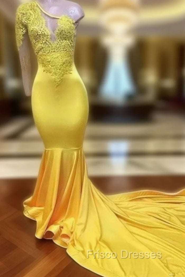 Yellow Robe De Soiree Mermaid One-Shoulder Long Sleeves Lace Beaded Sexy Long Formal Prom Dress Formal Prom Gown Evening Dress Main image