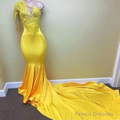 Yellow Robe De Soiree Mermaid One-Shoulder Long Sleeves Lace Beaded Sexy Long Prom Dresses Prom Gown Evening Dresses