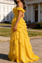 Yellow Ruffled A-Line Square Neck Long Prom Dress