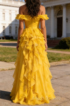 Yellow Ruffled A-Line Square Neck Long Prom Dress
