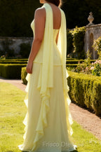 Yellow Ruffled Strapless Long Bridesmaid Dress with Streamer